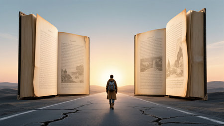 A person stands on a cracked road between two giants open books as the sun rises.の素材