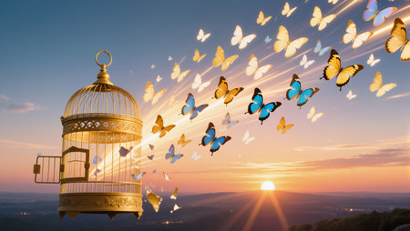 Vibrant butterflies escape a golden cage as the sun sets over rolling hills.の素材