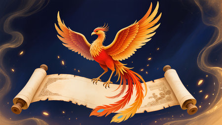 A vibrant phoenix soars above a decorative scroll, igniting a magical aura.の素材