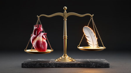 A heart and a feather rest on opposing sides of a golden scale, signifying duality.の素材