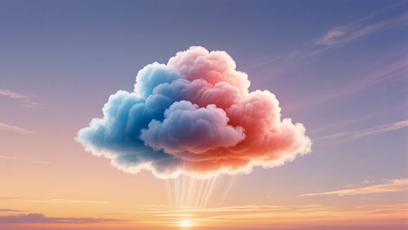 Colorful clouds reflect warm hues as the sun sets, creating a majestic evening view.の素材