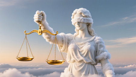 A majestic figure holds balanced scales, symbolizing justice above a clouded horizon.の素材