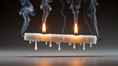 Two lit candles release smoke and melt wax in a captivating display of tranquility.の素材