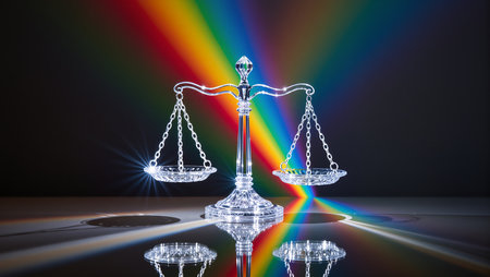 A crystal scale stands upright, reflecting colors of the rainbow in dynamic patterns.の素材