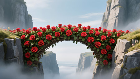 A breathtaking arch adorned with red roses spans rocky cliffs under a clear sky.の素材