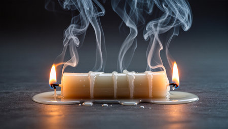 Flickering candles create an enchanting atmosphere as wax melts gracefully.の素材