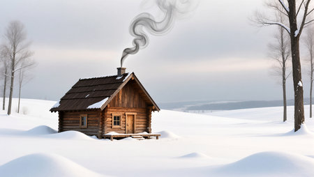 A cozy wooden cabin in deep snow, with warm smoke rising from the chimney.の素材