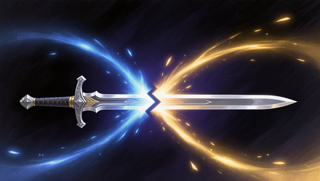 A stunning sword split between blue and gold energies represents balance.の素材