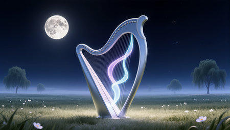 A mystical harp stands in a serene meadow under a full moon, glowing softly.の素材