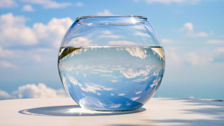 A glass bowl holds water, mirroring the serene clouds in the blue sky.の素材