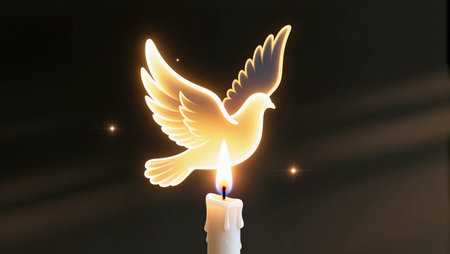 A glowing dove hovers above a lit candle, symbolizing hope and tranquility.の素材