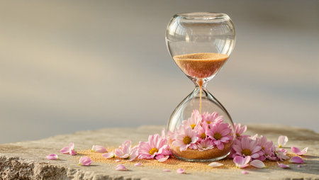 Gentle pink flowers surround a glass hourglass filled with fine sand, symbolizing time.の素材