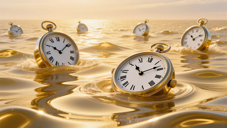 Golden timepieces drift serenely atop shimmering waves under a vibrant sunset sky.の素材