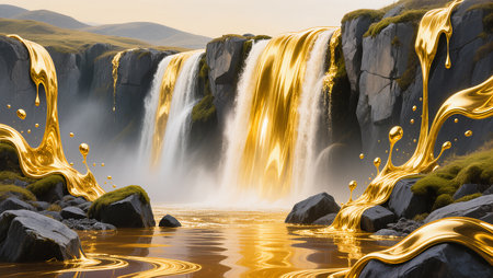 A stunning waterfall cascades down rocky cliffs, glistening under the warm hues of sunset.の素材