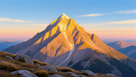 Golden sunlight illuminates a towering mountain peak, creating a tranquil view.の素材