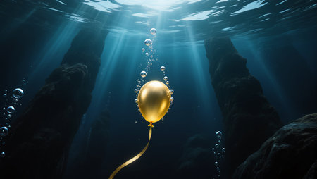 A golden balloon rises gently in calm underwater depths, surrounded by bubbles.の素材