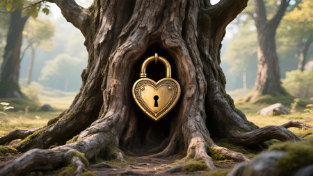 A golden heart lock rests in a gnarled tree's hollow as morning light filters through.の素材