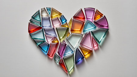 Shards of colorful glass arranged in a heart shape create a striking artwork.の素材