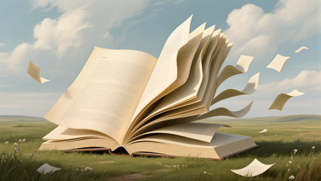 Open book flutters as gentle breeze shifts pages amidst a serene landscape.の素材