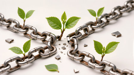 New leaves emerge vibrantly from broken metal chains, symbolizing growth and hope.の素材