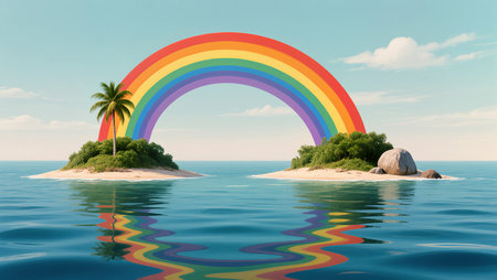A breathtaking rainbow spans between two lush islands, reflecting on calm waters.の素材