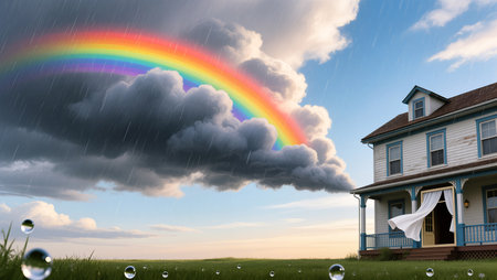 Bright colors fill the sky as raindrops dance around a charming home in the distance.の素材