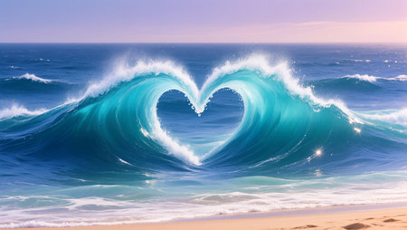 Bright waves collide in a heart shape, reflecting love and beauty during sunset.の素材