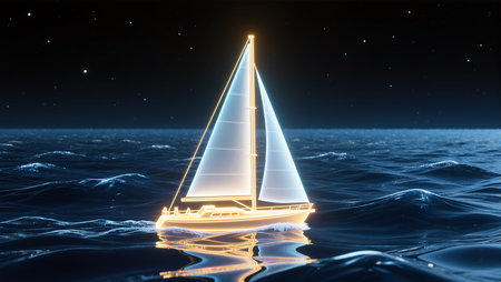 A luminous sailboat glides over deep blue waves under a starry sky.の素材