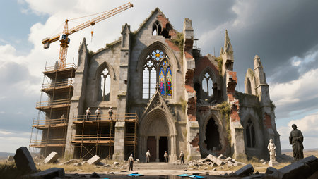 Workers collaborated to restore an old cathedral, surrounded by remains and cranes.の素材