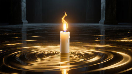 A single candle casts warm light, creating dancing reflections on the water's surface.の素材