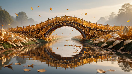 A picturesque bridge covered in golden leaves stretches over a serene river at dawn.の素材