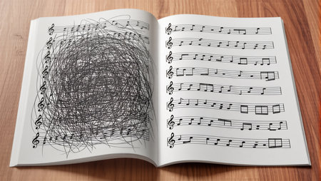Musical notes intertwine with chaotic sketches, blending order and disorder artistically.の素材