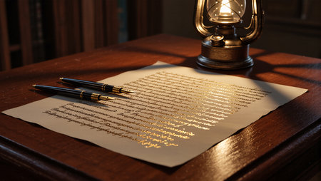 A vintage table holds gleaming pens next to a beautifully scripted letter.の素材