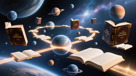 Unique books drift among planets, combining literature and cosmic wonder in space.の素材