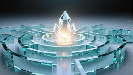 A mesmerizing crystal emits light at the core of a complex glass maze.の素材