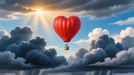 A heart-shaped balloon drifts gracefully through dark clouds with shining sunlight.の素材