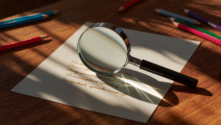 A magnifying glass rests on a handwritten letter surrounded by vibrant pencils.の素材