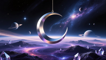 A stunning cosmic scene lights up under a glowing crescent moon and planets.の素材