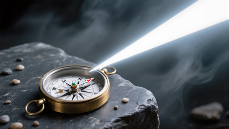 A compass shines brightly on a rough stone, guiding the way through misty surroundings.の素材