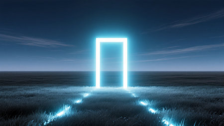 A captivating portal radiates light in a tranquil twilight setting, inviting exploration.の素材