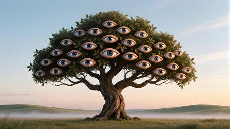 A fantastical tree with numerous eyes is set against a serene sunset horizon.の素材