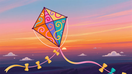 A vibrant kite soars against a beautiful sunset filled with soft clouds.の素材