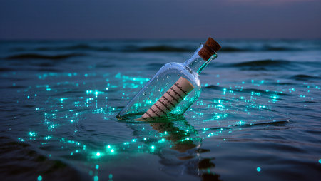 A glowing bottle floats in calm ocean waters, revealing a hidden message inside.の素材