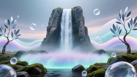 A vibrant waterfall cascades over mossy rocks surrounded by mist and bubbles.の素材