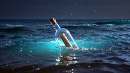 A bottle bearing a secret message drifts gently on the calm sea at dusk.の素材