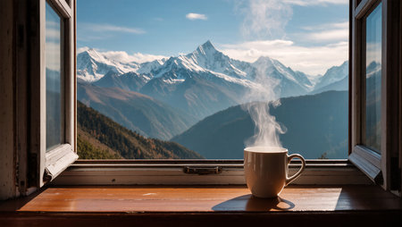 Warm steam rises from a cup as stunning mountains greet the new day outside.の素材