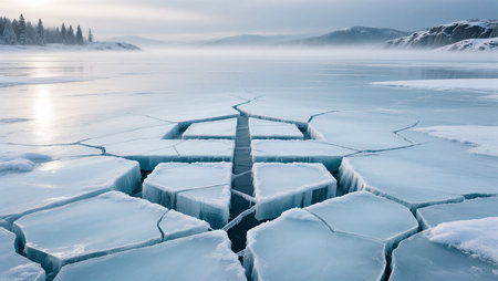 Vast sheets of ice fracture across the serene lake at dawn, revealing dark waters.の素材