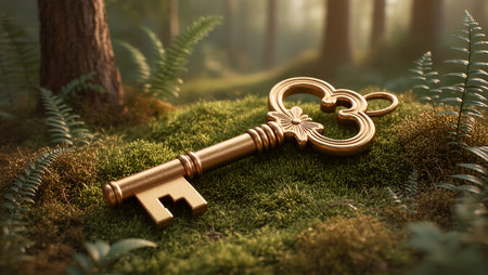 An ornate golden key rests on vibrant green moss within a sunlit forest.の素材