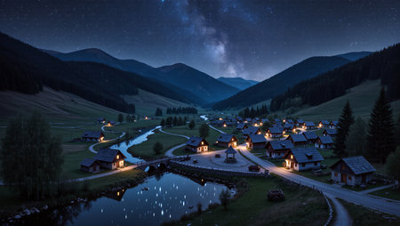 In a tranquil valley, cottages glow softly under a starlit sky at night.の素材