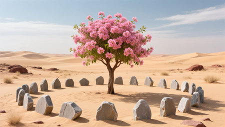 A vibrant tree with pink blossoms stands amidst golden sands, encircled by stones.の素材